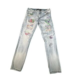 Cote De Nuits 40x34 Light Wash Distressed Jeans Patchwork Denim Men